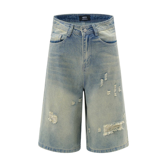 Punk Ripped Wash Denim Straight Cropped Pants