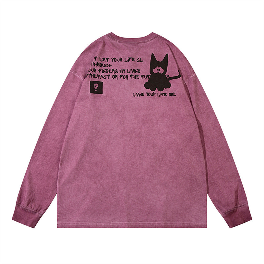 Waste Soil Street Fashion Abstract Printing Distressed Washed Long-sleeved T-shirt For Men