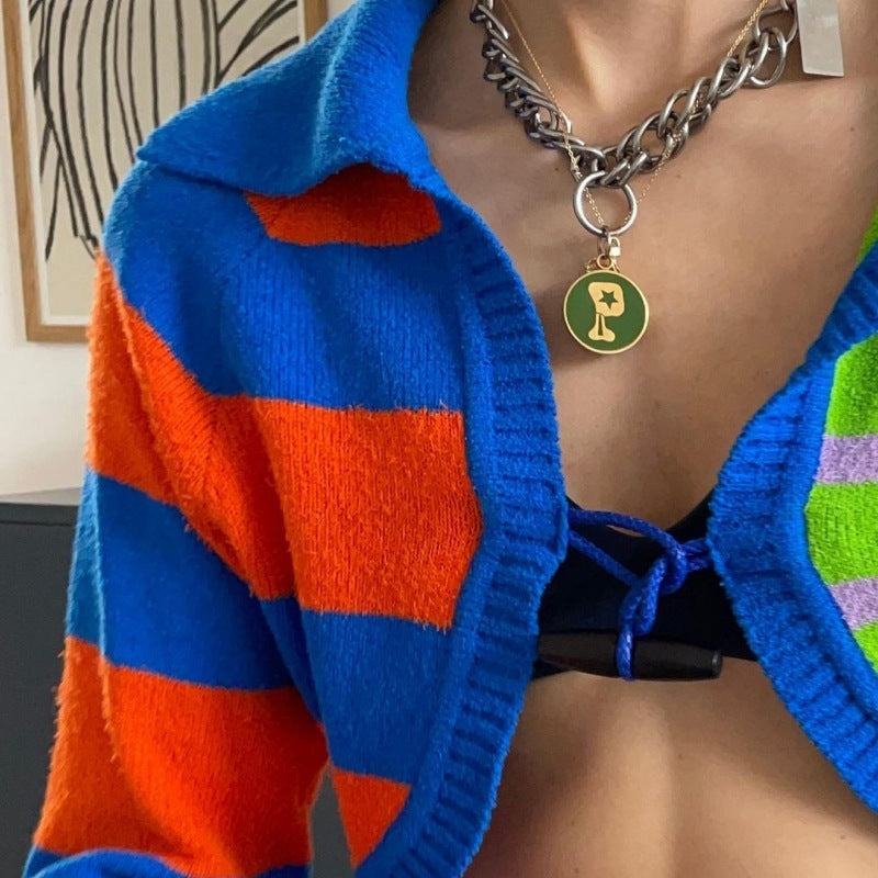 Lapel Knitwear Women's Contrast Color Striped Short Style