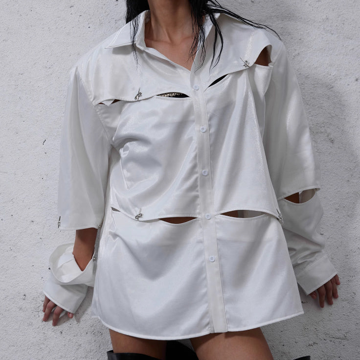 Streamer Hollow-out Deconstruction Padded Shoulder Shirt