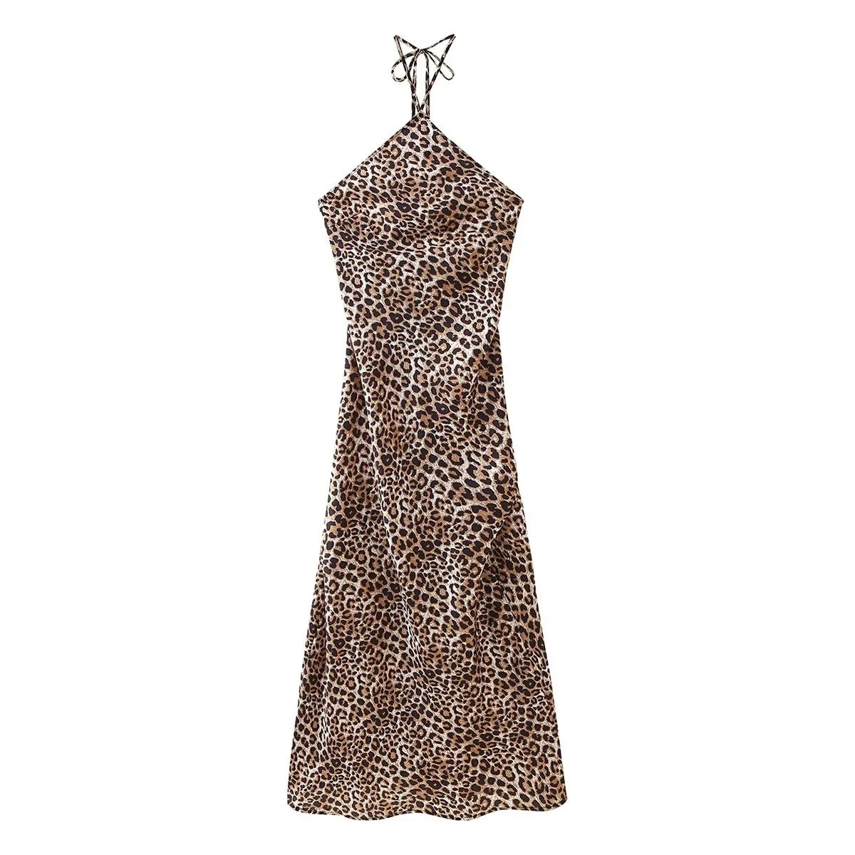 Women's Leopard Print Halter Silk Satin Dress