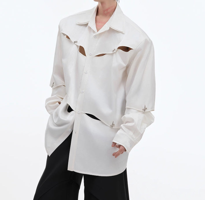Streamer Hollow-out Deconstruction Padded Shoulder Shirt