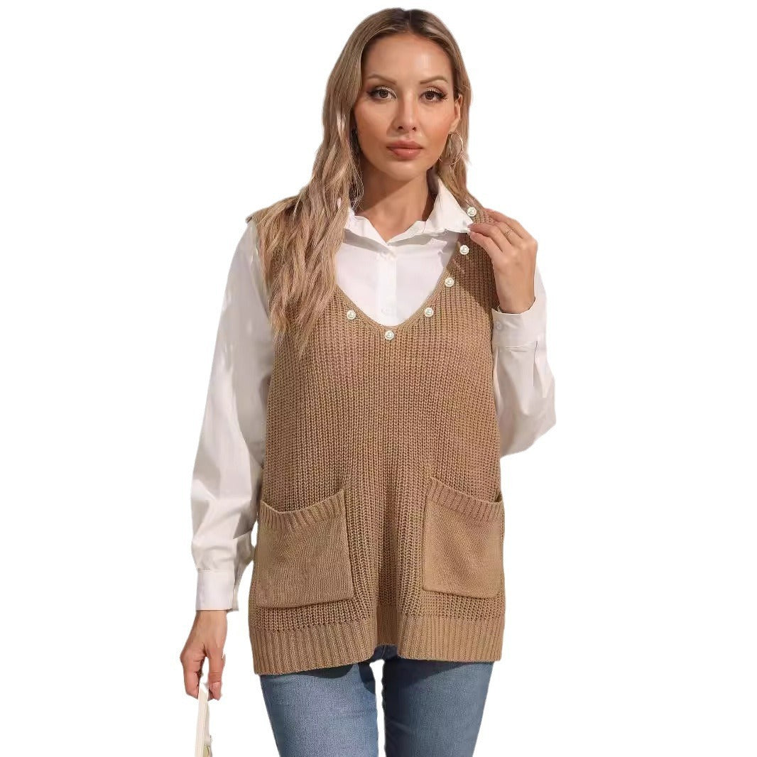 Women's Vest Double Pocket V-neck Patchwork