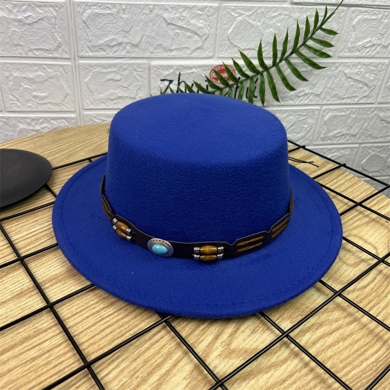 British Retro Woolen Wide Brim Flat Top Hat