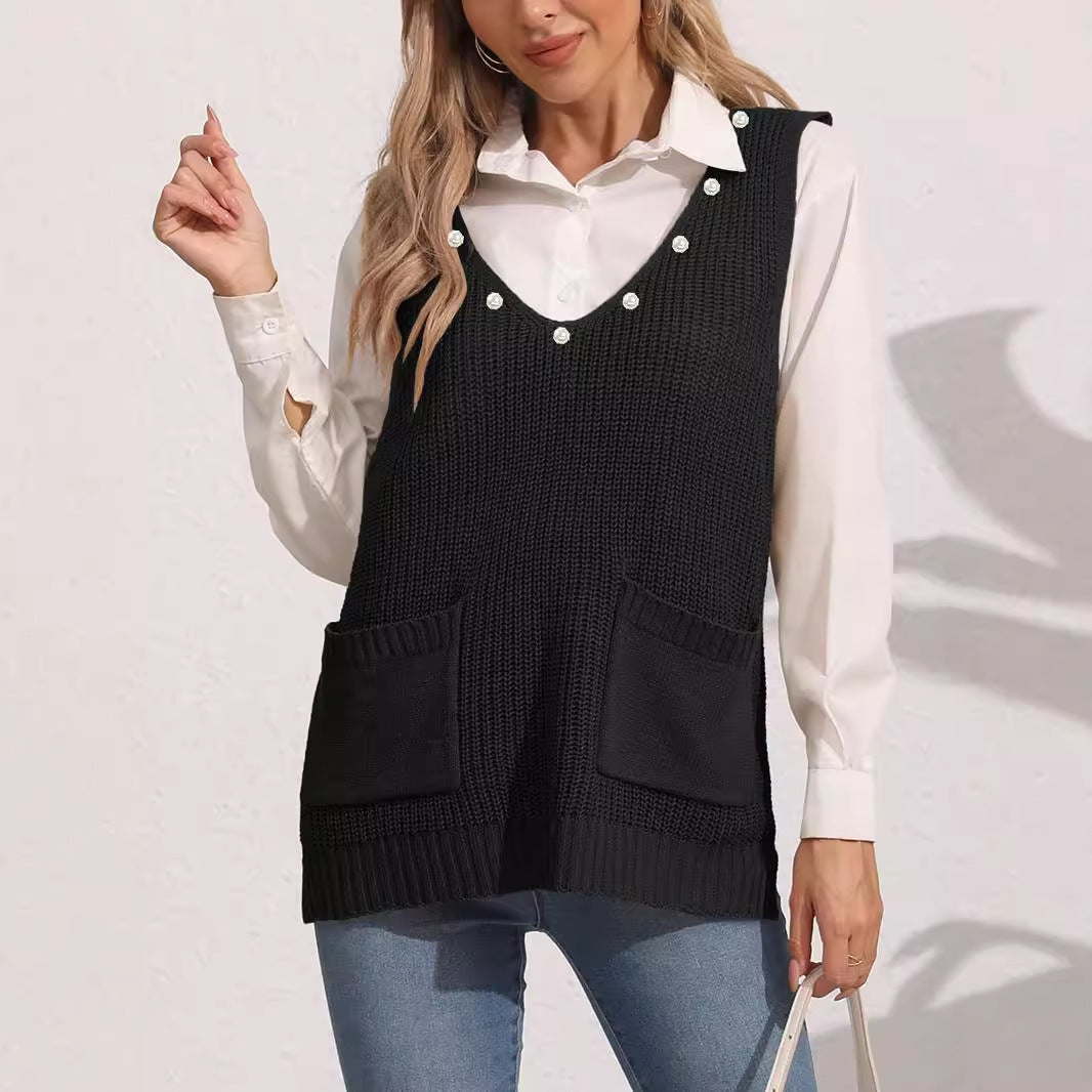 Women's Vest Double Pocket V-neck Patchwork