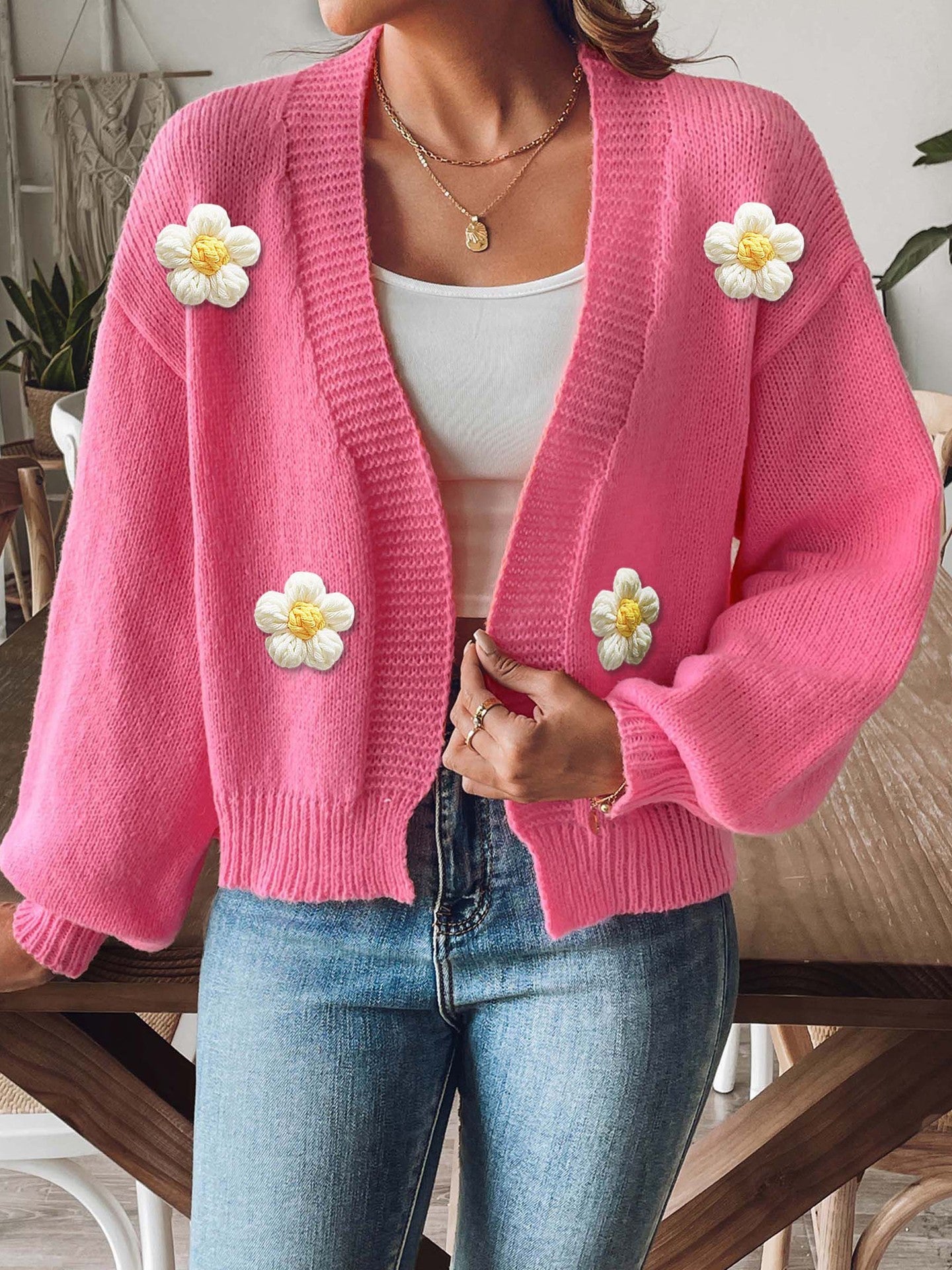 Women's Cardigan Crocheted Patchwork Knitting Long Sleeve