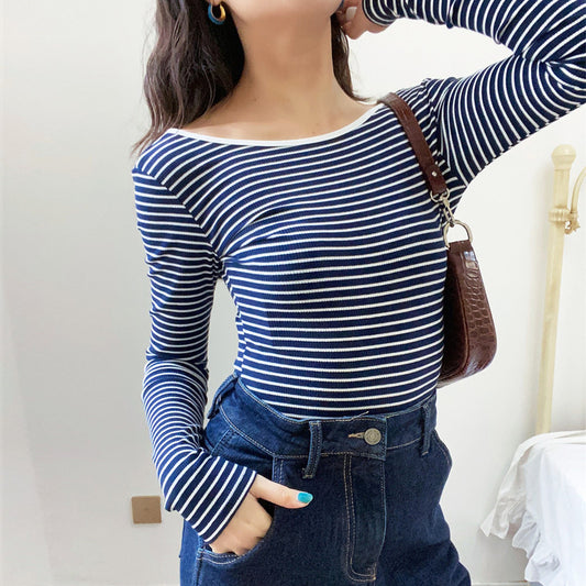 Summer Long-sleeved Striped T-shirt Women's Low Collar Beauty Back Knitted