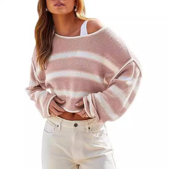 Pullover Knitting Off-the-shoulder Short Shipment Women's Striped