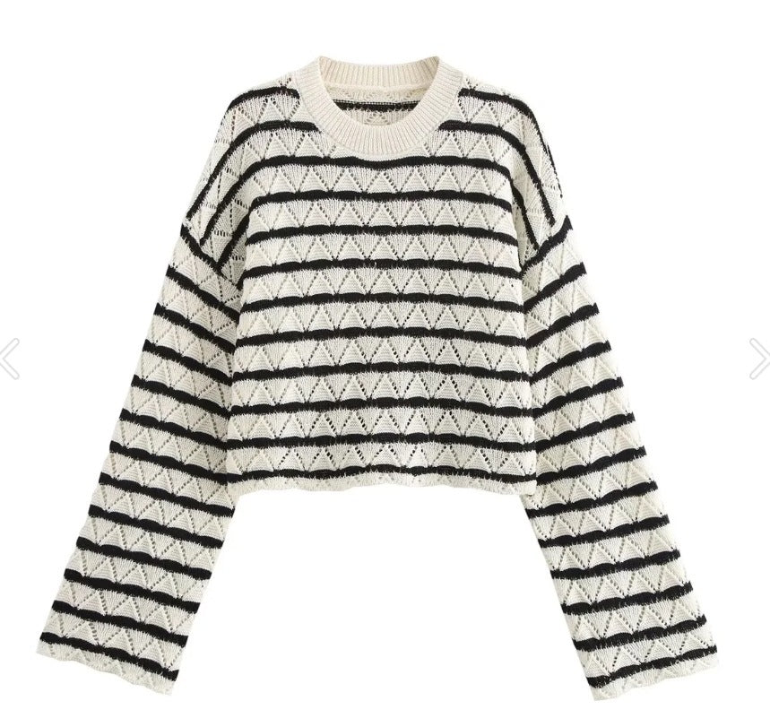 Women's Striped Knitted L Long Sleeve Bell-bottom Pants Suit