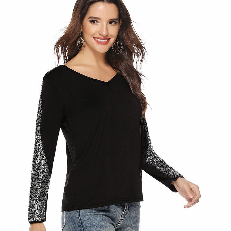 European And American Women's Clothing Sequined Long Sleeve V-neck