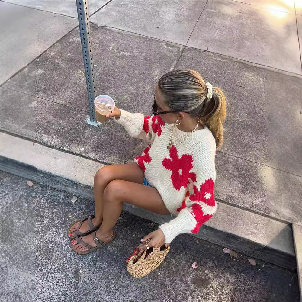 New Pullover Knitted Sweater Fashion Round Neck Flower Sweater
