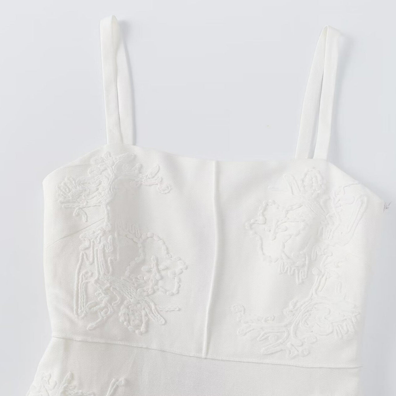 Women's White Embroidered Suspender Midi Skirt