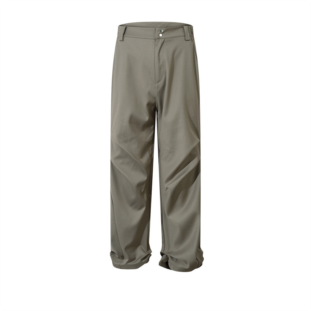 Men's Fashionable Pleated Design Sense Niche Solid Color Wide Leg Straight Long Pants