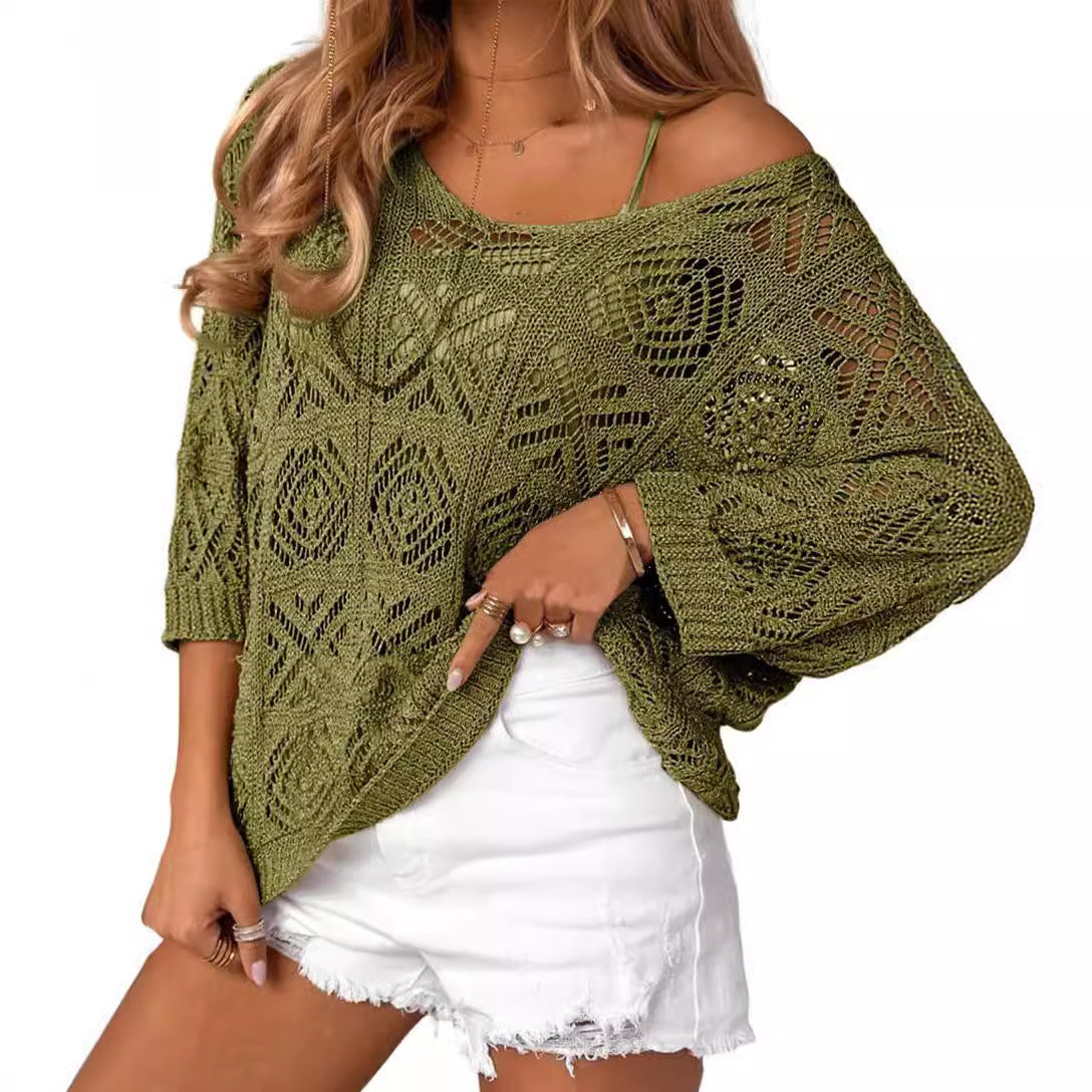 European And American Spring And Summer Crochet Hollow-out Three-quarter Sleeve Pullover Sweater Off-the-shoulder T-shirt