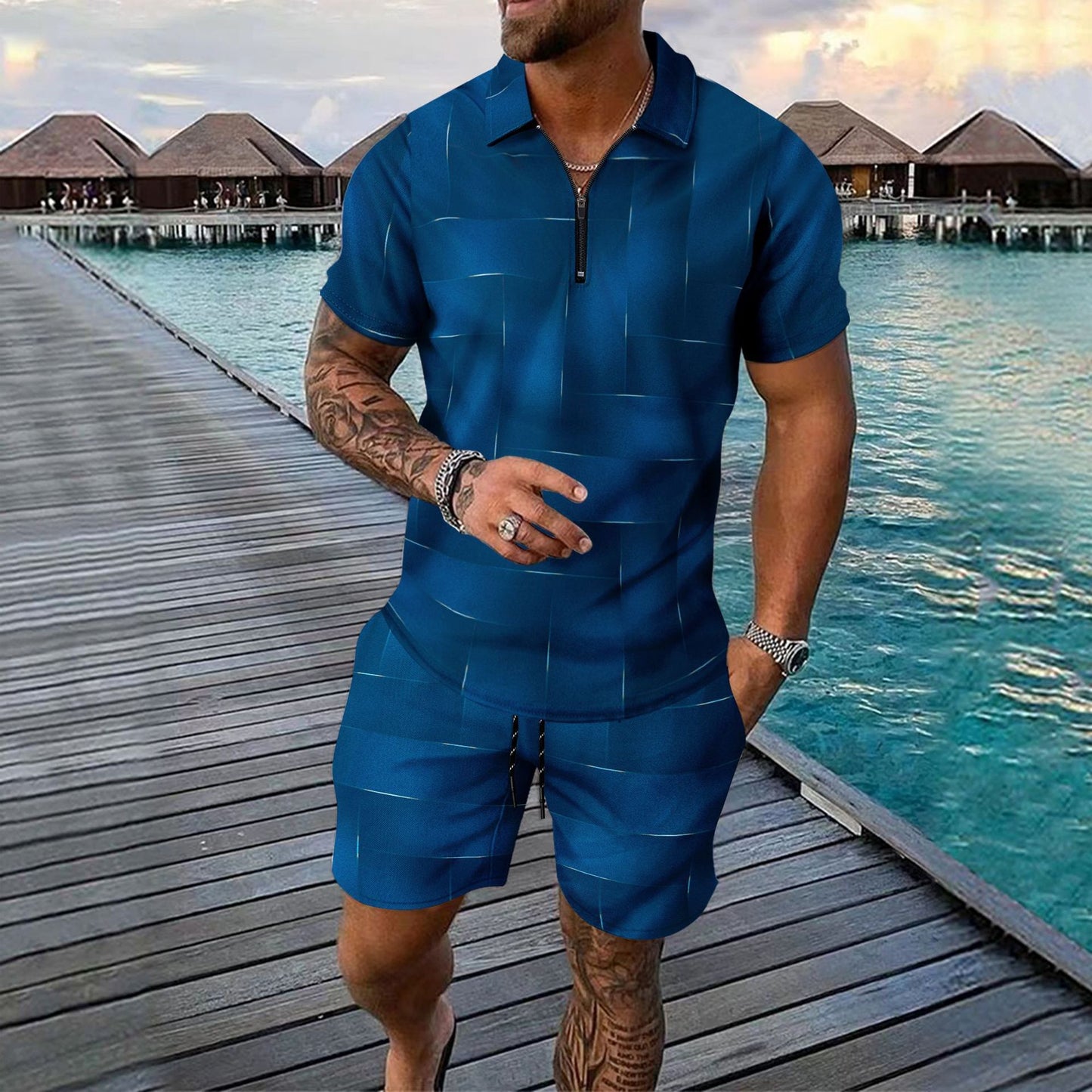 Digital Printing Zipper Short Sleeve Men