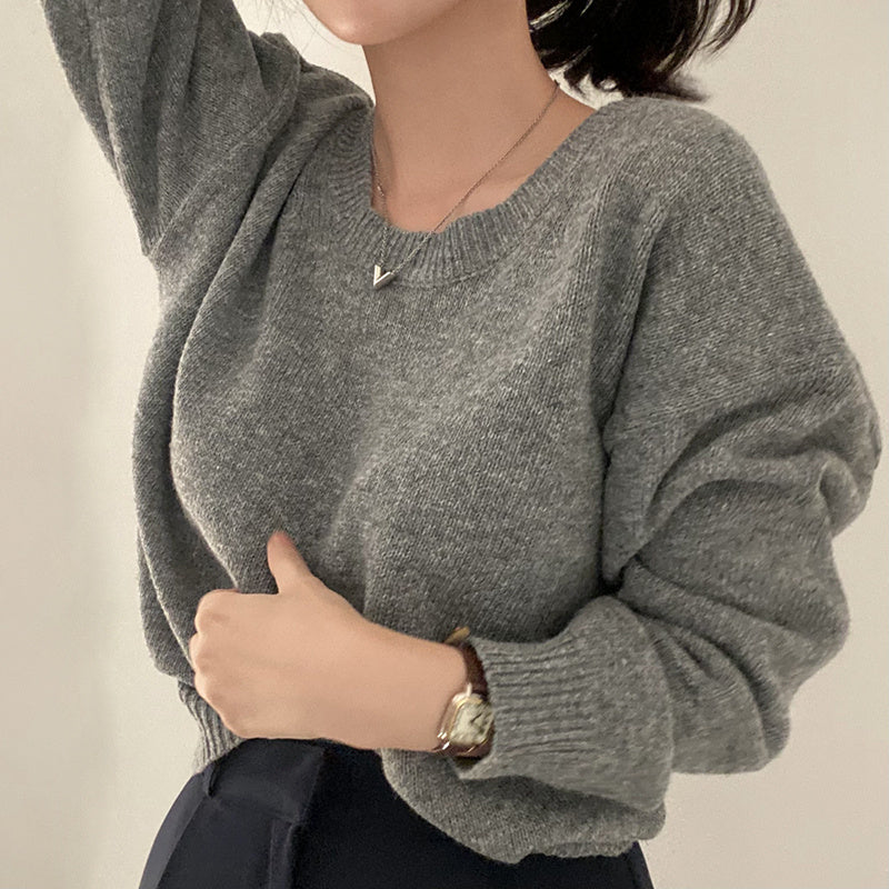 All-matching Crew Neck Pullover Sweater Solid Color Long-sleeved Knitted Top