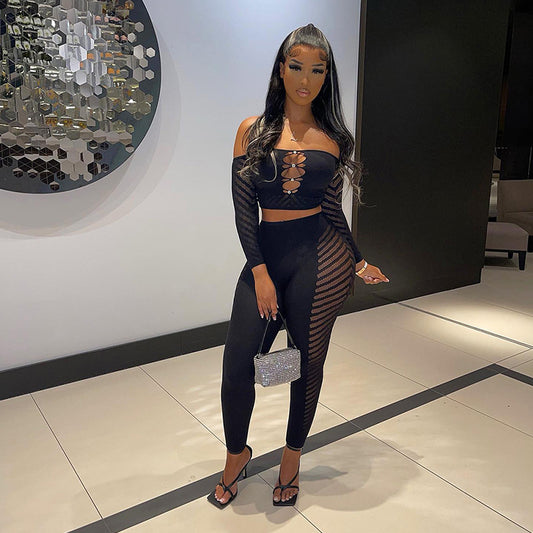 Women's Chest Wrap Long Sleeve Top And Trousers Casual Suit