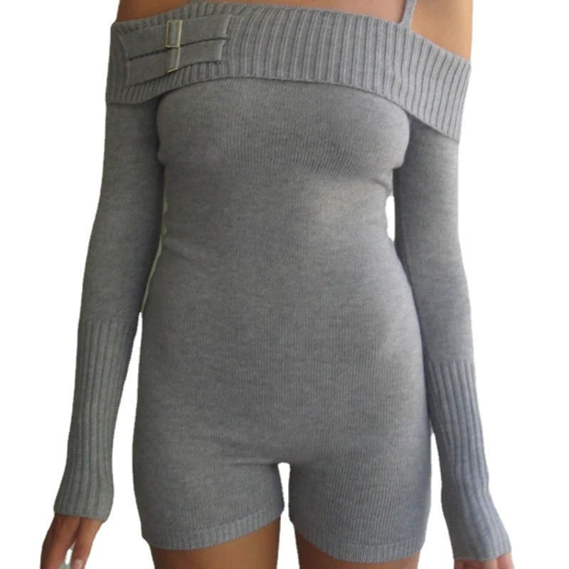 Women's Off-shoulder Off-the-shoulder Shoulder Strap Knitted Jumpsuit