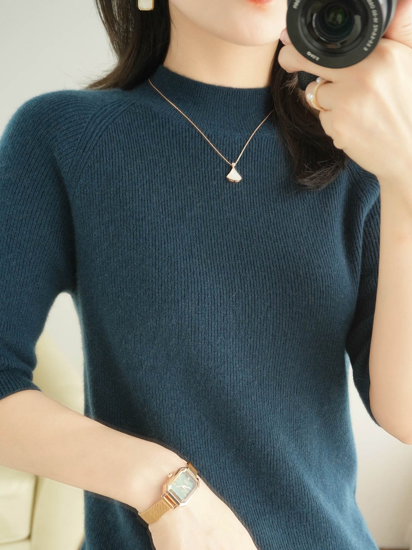 Wool Blended Autumn And Winter New Women's Mock-neck Mid-length Sleeve Knitwear