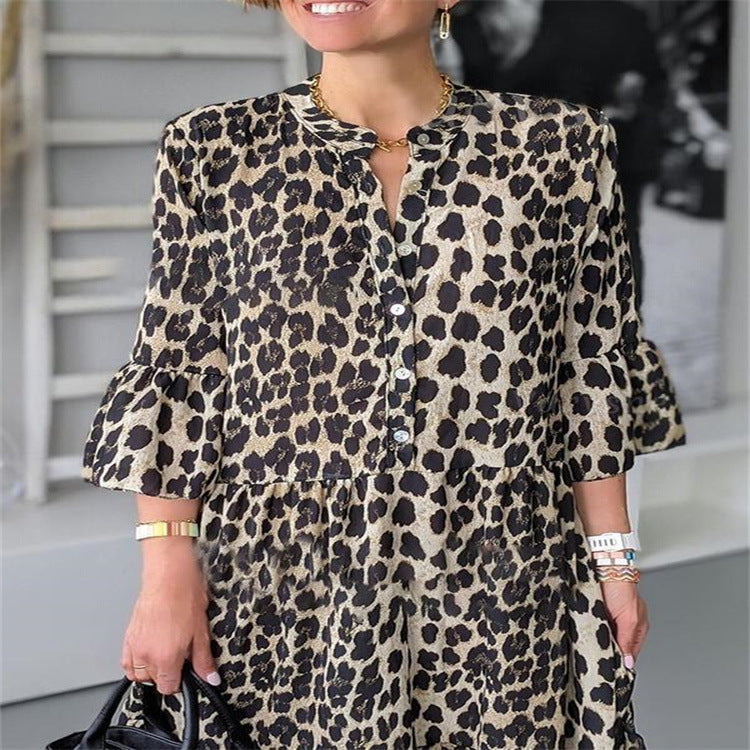 Pullover Slimming Printed Midi Skirt Leopard Print Mid-waist Dress