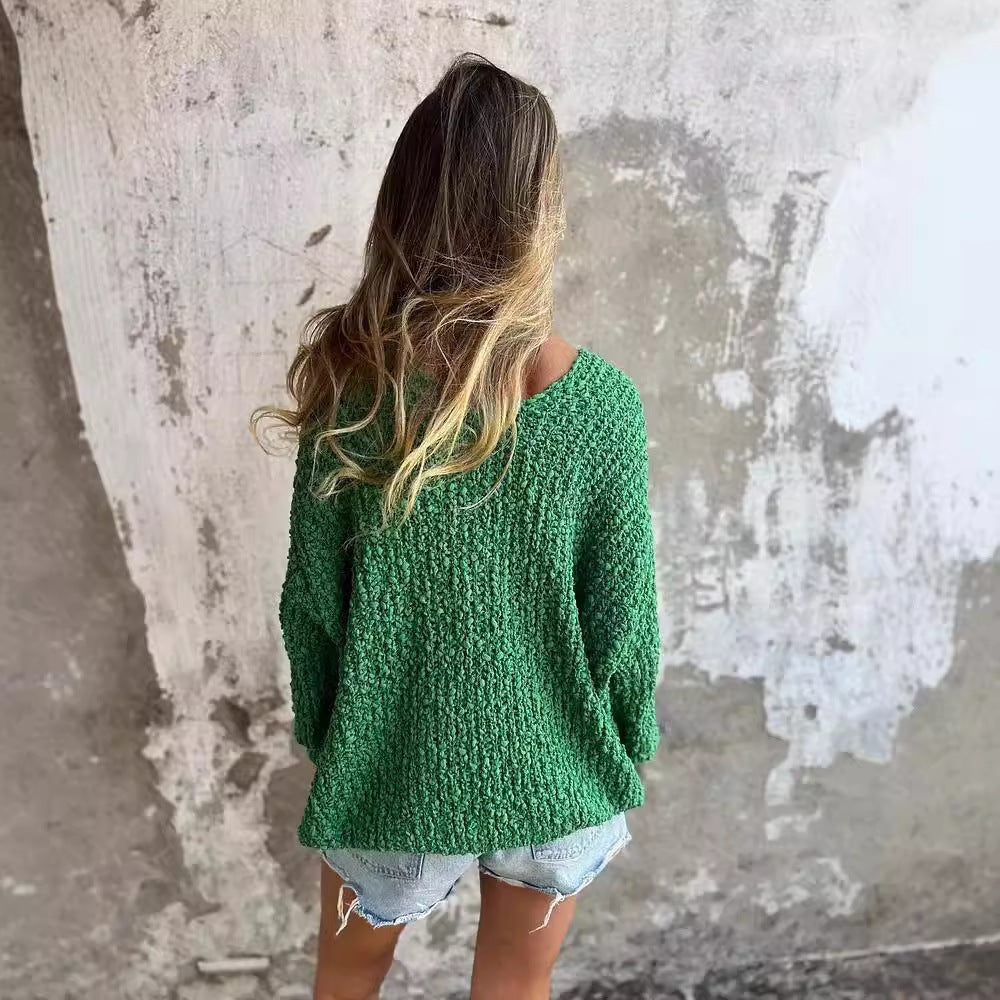 Autumn And Winter New Coarse Flower Knitted V-neck Laid-back Long Sleeve Sweater