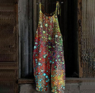 Women's Printed Street Hipster Fashion Multi-color Cotton And Linen Suspender Jumpsuit