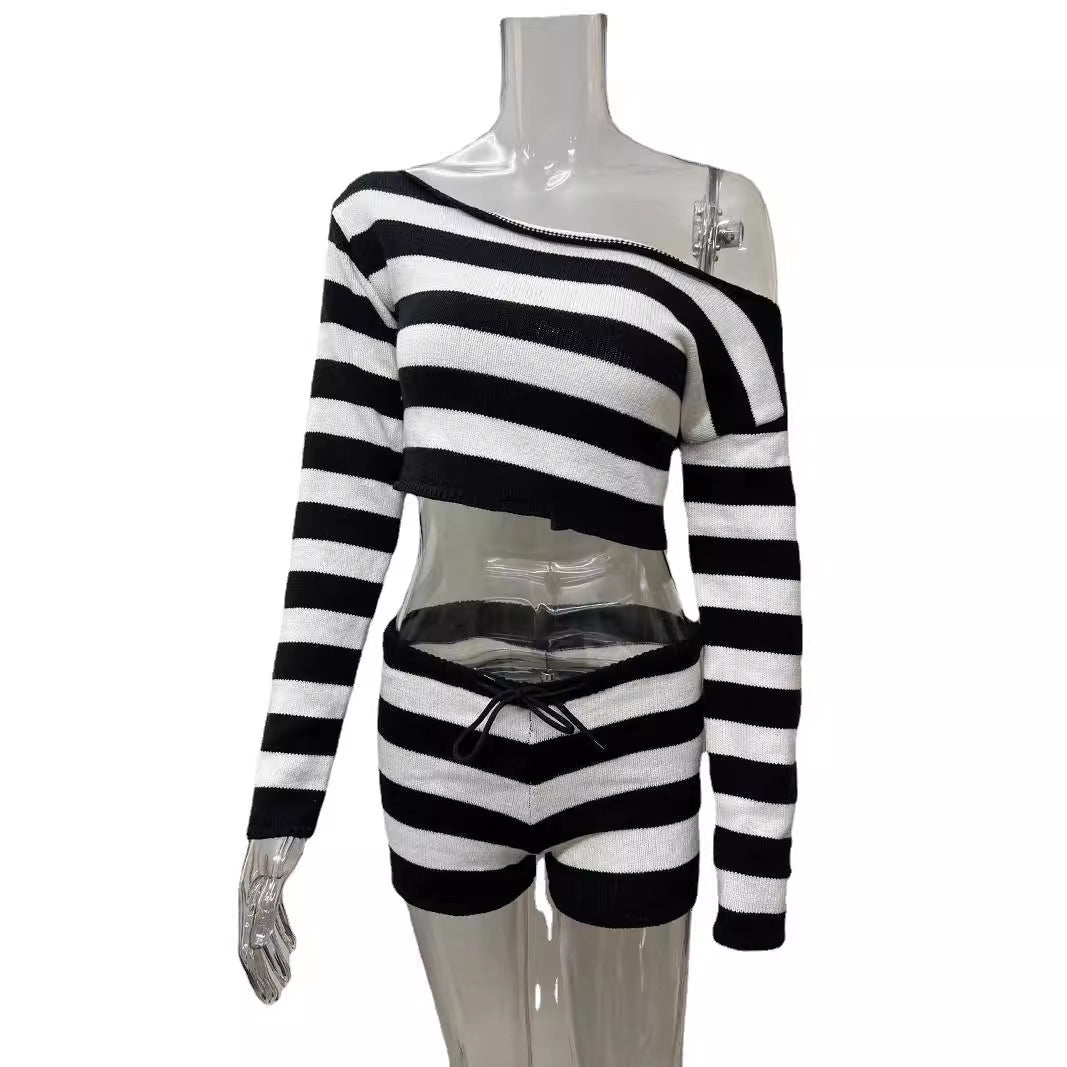Women's Clothing Fashion Suit Striped Short Style Exposed Navel
